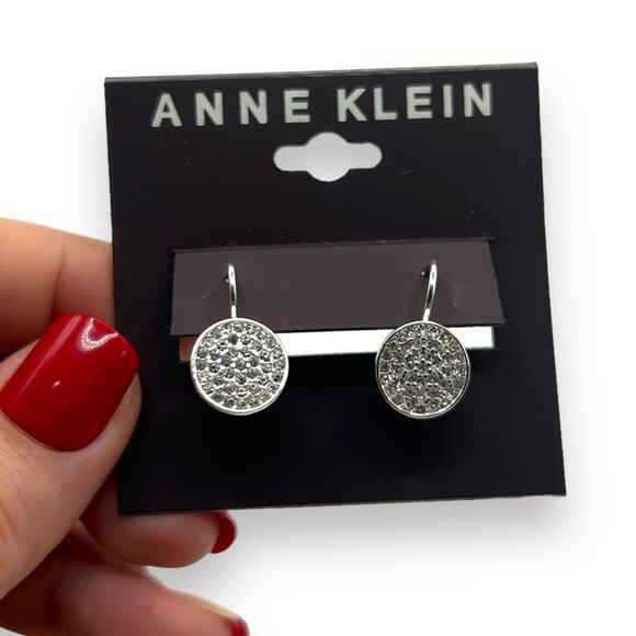 NWT Macy's ANNE KLEIN Crystal Pavé Disco Disc Drop Earrings in Silver NEW - Picture 1 of 9